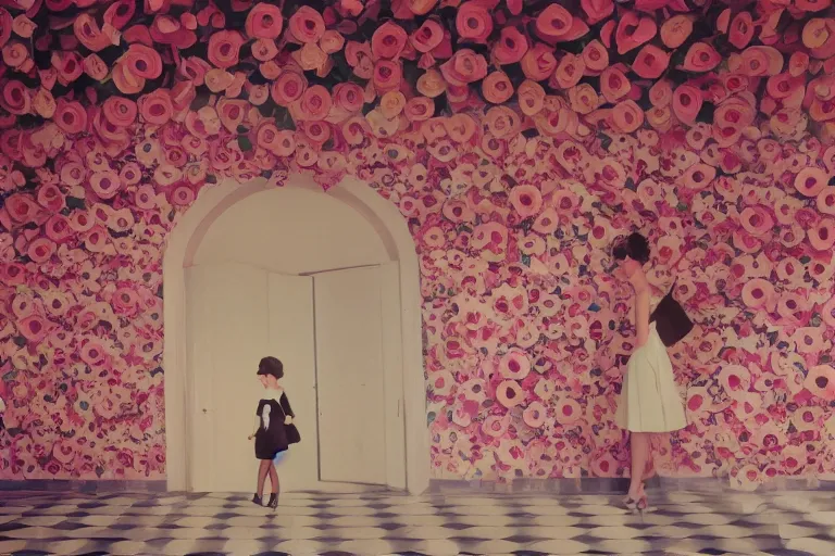 Prompt: giant flower head, girl walking in 1 9 6 0 hotel, surreal, symmetry, flat space, fanciful, hue, detailed, wes anderson