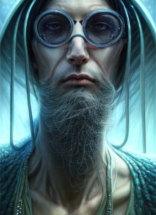 Image similar to closeup portrait shot of a cyberpunk wizard in a scenic dystopian environment, intricate, elegant, highly detailed, centered, digital painting, artstation, concept art, smooth, sharp focus, illustration, artgerm, tomasz alen kopera, peter mohrbacher, donato giancola, joseph christian leyendecker, wlop, boris vallejo