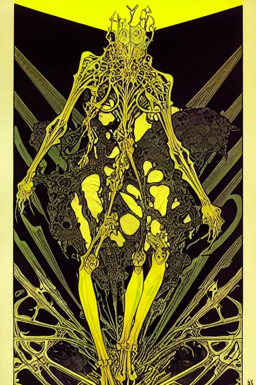 Image similar to black and yellow flat color risoprint, alphonse mucha, richard corben, wayne barlowe, moebius, heavy metal comic cover art, psychedelic triangular skeletal calcification fungus lich in darkiron spike armor, full body, hollow eyes, symmetrical face, long black crown, in a dungeon background, moody dark colors