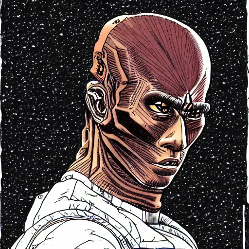 Image similar to a dark brown humanoid, hyper detailed, in the style of katsuhiro otomo and and katsuhiro otomo and katsuhiro otomo, selfie