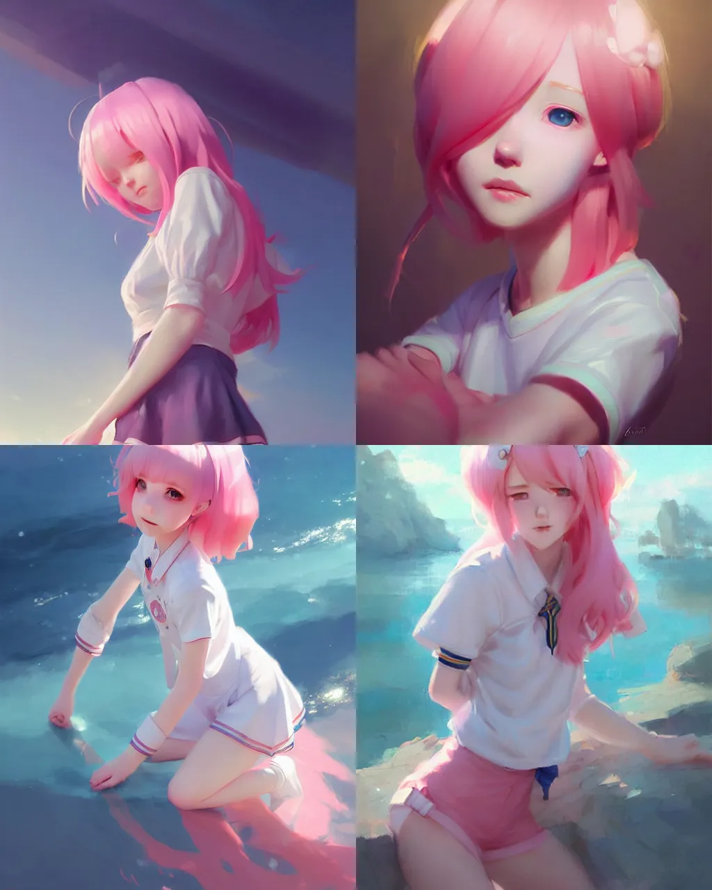 Prompt: girl with pink hair in sailor suit, half - length photo, illustration, rim light, exquisite lighting, perfectly shaded, soft painting, art by krenz cushart and wenjun lin