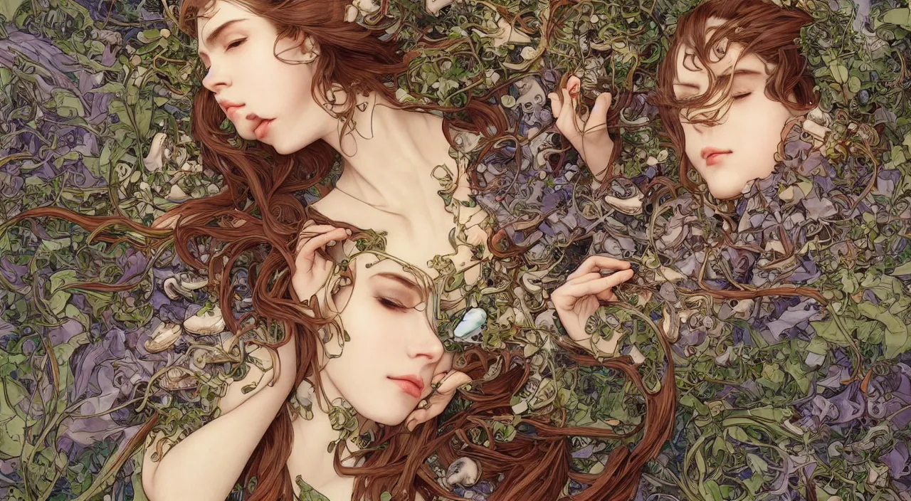 Prompt: a bio - mechanical pretty sleeping giant woman with mushrooms as camouflage, 4 k, ultra realistic, beautiful eyes!!, epic lighting, machines, high detail, masterpiece, trending on artstation by artgerm and akihito tsukushi!! and alphonse mucha, crayons!!!!!!!!!!!!!!!