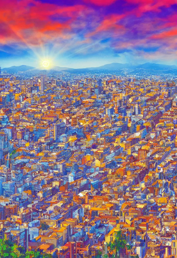 Prompt: barcelona city, detailed clouds, sunbeams, heavenly color scheme, studio ghibli scheme