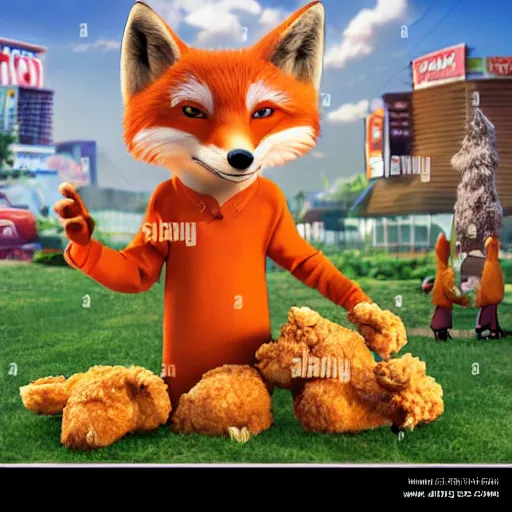 Image similar to animated 3D movie poster featuring an anthropomorphic fox wearing a casual outfit, a lot of fried chicken in the background, promotional media