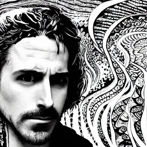 Prompt: black and white pen and ink!!!! attractive 22 year old geotic!! Frank Zappa x Ryan Gosling golden!!!! Vagabond!!!! floating magic swordsman!!!! glides through a beautiful!!!!!!! battlefield dramatic esoteric!!!!!! pen and ink!!!!! illustrated in high detail!!!!!!!! by Junji Ito and Hiroya Oku!!!!!!!!! graphic novel published on 2049 award winning!!!! full body portrait!!!!! action exposition manga panel black and white Shonen Jump issue by David Lynch beautiful line art