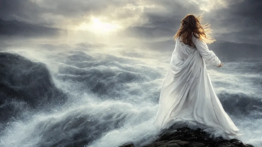 Image similar to mage, norway fjord, extreme close up portrait, hudson river school, max rive, stormy seas, white royal dress, beautiful, bokeh, gentle, female, snowy, storm clouds, god rays, close up portrait, d & d, fantasy, elegant, low key color palette, concept art, roger deakins and greg rutkowski and alphonse mucha