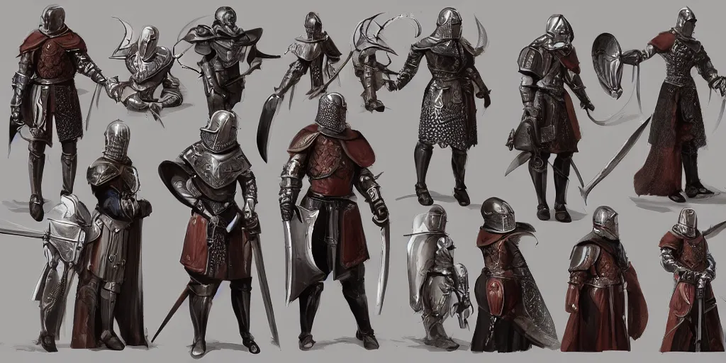 Image similar to different views medieval knights, intricate!! concept art by senior character artist, trending on artstation, full body character design