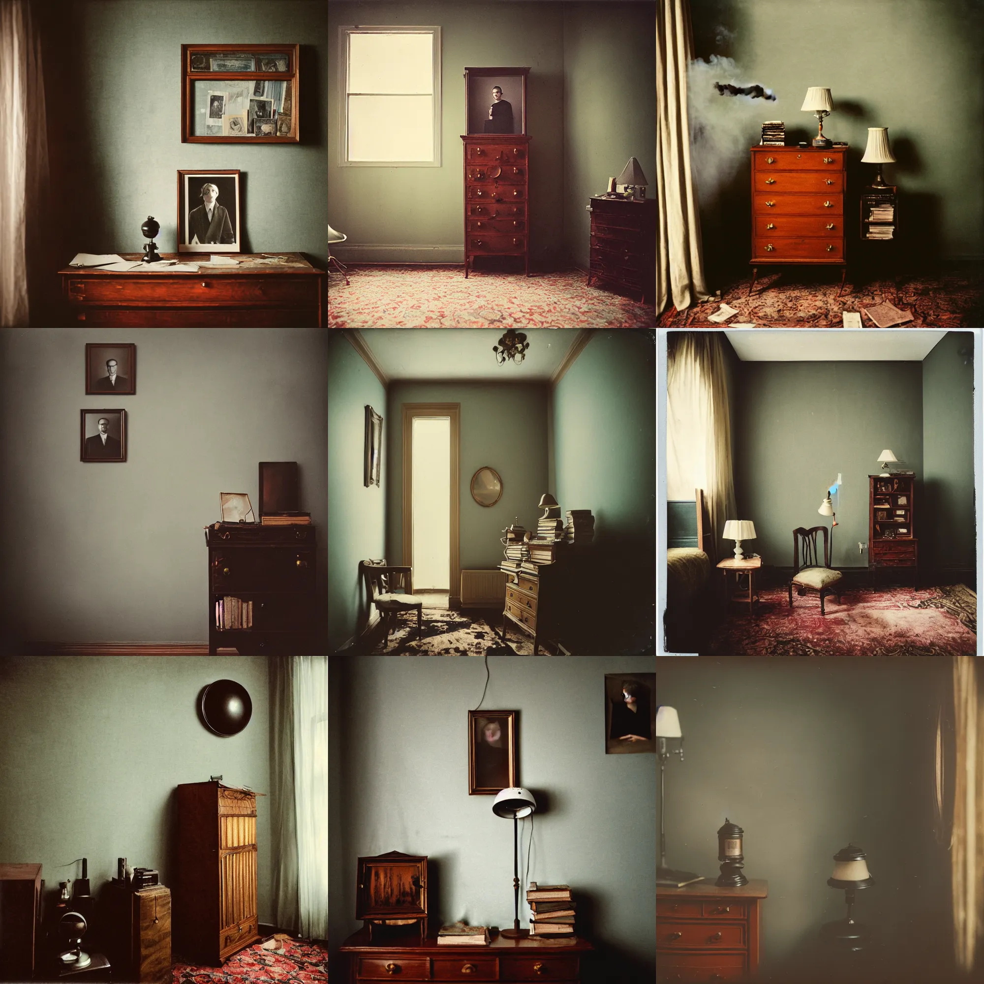 Prompt: kodak portra 4 0 0, wetplate, fisheye, award - winning portrait by britt marling, 1 9 2 0 s room, ghost, picture frames, dust, smoke, 1 9 2 0 s furniture, wallpaper, carpet, shining lamp, books, muted colours, wood, fog,