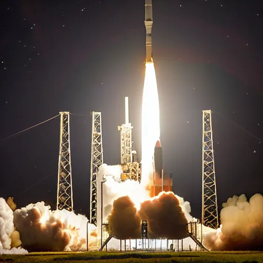 Image similar to Nighttime launch of the Space Launch System from LC-39B at Kennedy Space Center, 2025, award-winning photo by National Geographic