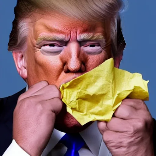 Image similar to candid portrait photo of president trump shoving a crumpled up wad of paper into his mouth