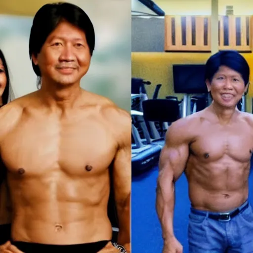 Image similar to bongbong marcos as gigachad flexing at the gym, muscular, on steroids,