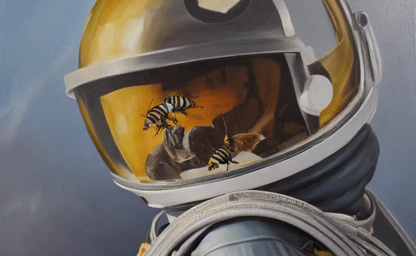 Image similar to oil painting of a bee in a astronaut suit with helmet, 35mm, photo, Epic, cinematic, highly detailed and intricate