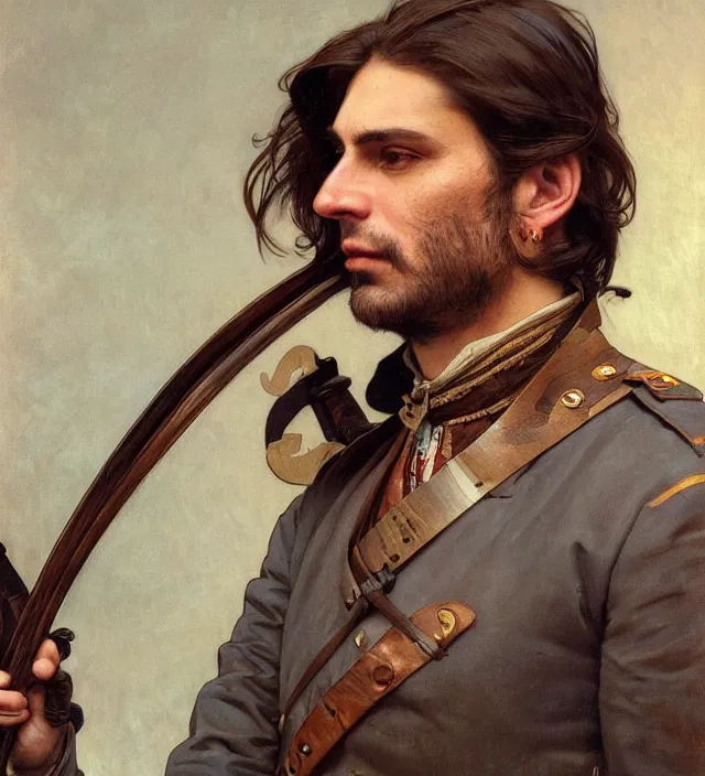 Image similar to candid portrait of a man with brown wavy hair and deep brown eyes, wearing a blue traditional colonial military jacket, intricate, holding a spear, highly detailed, digital painting, artstation, concept art, sharp focus, cinematic lighting, illustration, art by artgerm and greg rutkowski, alphonse mucha, cgsociety