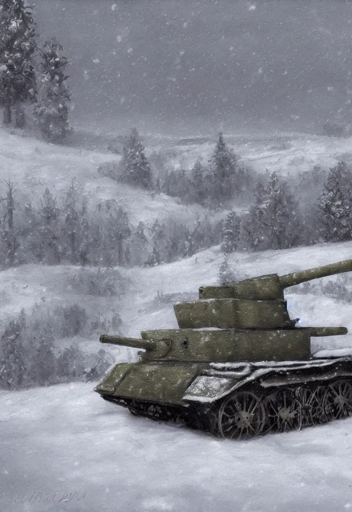 Image similar to Digital Art of a 1914 Tank in the snow, trending on artstation