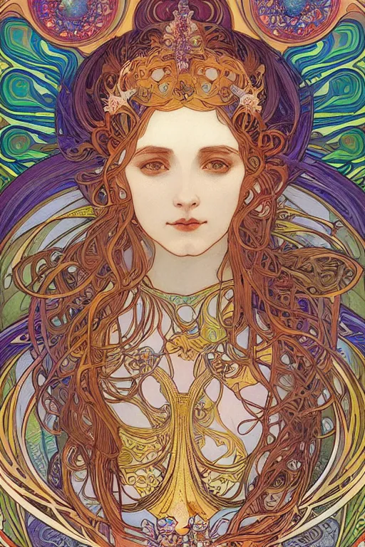 Prompt: beautiful goddess of space and dreams by alphonse mucha, mandala, coherent design, symmetrical, vivid colors, digital watercolor ink illustration painting, complementary color, golden ratio, detailed, sharp lines, sharp focus, intricate, rainbowshift, artgerm, gustave dore, maxfield parrish, octane render