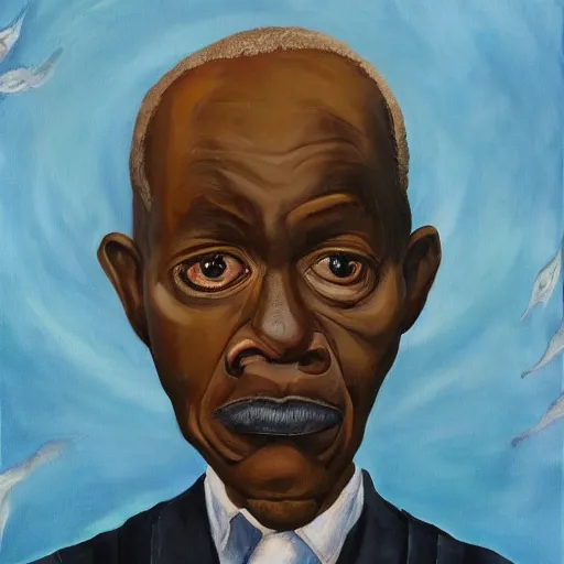 Image similar to a painting of a fatherly wide forehead, round face, XXL , loving, caring, generous, ever-present, humble, wise elder from Kenya in a suit by Wangechi Mutu . Fatherly/daddy, focused, loving, leader, relaxed. blue background, ethereal lights, details, smooth, sharp focus, illustration, realistic, cinematic, artstation, award winning, rgb , unreal engine, octane render, cinematic light, macro, depth of field, blur, , highly detailed epic cinematic concept art CG render made in Maya, Blender and Photoshop, octane render, excellent composition, dynamic dramatic cinematic lighting, aesthetic, very inspirational, arthouse.