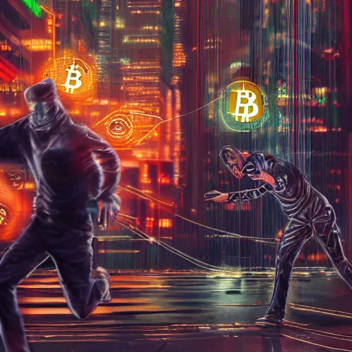 Prompt: people running scared of bitcoin, cyberpunk art, hyper-realistic, 4k