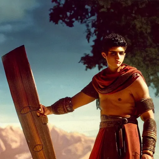 Image similar to handsome 17 year old middle-eastern skinned boy in a Biblical outfit holding a wooden slingshot. Giant Goliath standing with a sword. Epic, cinematic lighting, directed by Ridley Scott