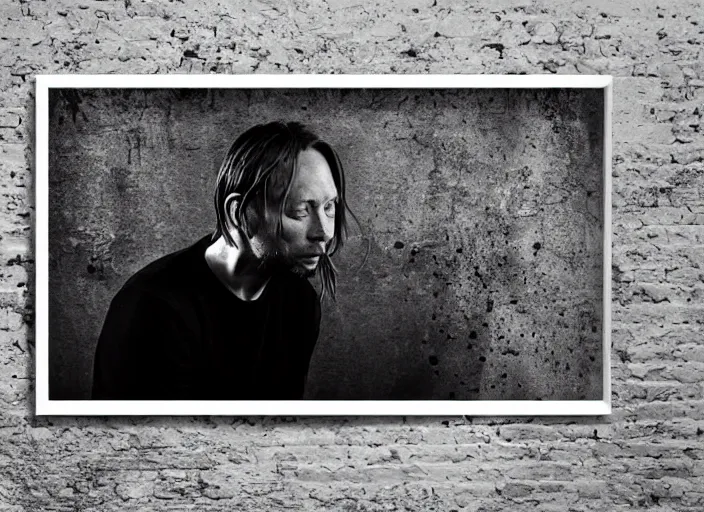 Prompt: photograph of print of thom yorke picture on a table, hyper realistic, variations of thom yorke, forest, high quality photograph, mixed styles, intricate details, diverse colors, deep emotional impact, photograph of print