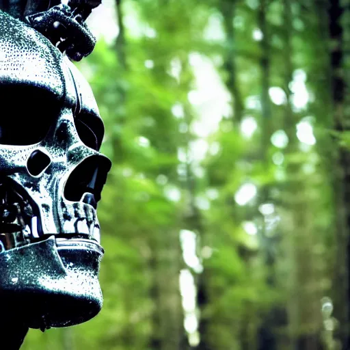 Image similar to super detailed portrait of a terminator's head, packed with cybernetics and and borg enhancements. In a forest with bokeh.