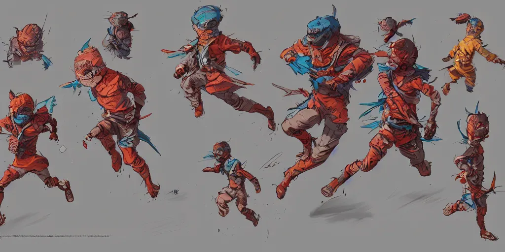 Image similar to cartoonish little masked child running, vivid colors, character sheet, fine details, concept design, contrast, kim jung gi, greg rutkowski, trending on artstation, 8 k, full body, turnaround, front view, back view, ultra wide angle