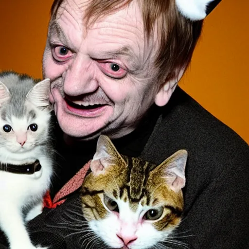 Image similar to laughing mark e smith with a cute kitty on his head