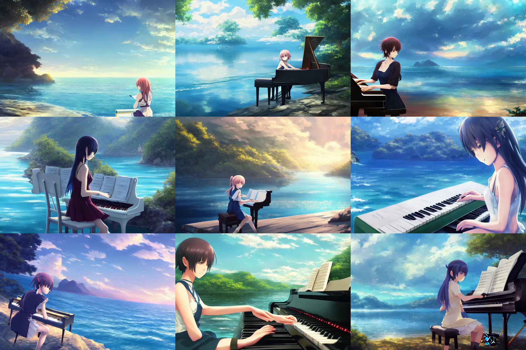 Image similar to Anime girl playing piano on blue water, far away, landscape, scenery, Cushart Krenz, Shinkai Makoto, by Lluluchwan, lots of details, highly detailed, 4k