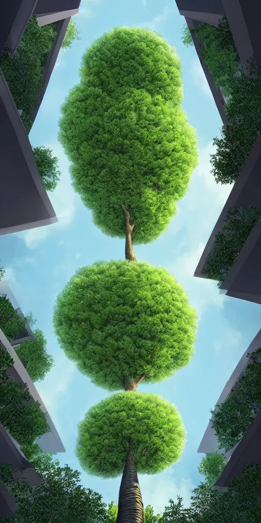 Image similar to an impossibly tall tree with an extremely long trunk and ( single pom - pom shaped canopy ) looming above a modern neighborhood, viewed from below, digital illustration by artgerm and rutkowski and kunstler, surreal, photorealistic