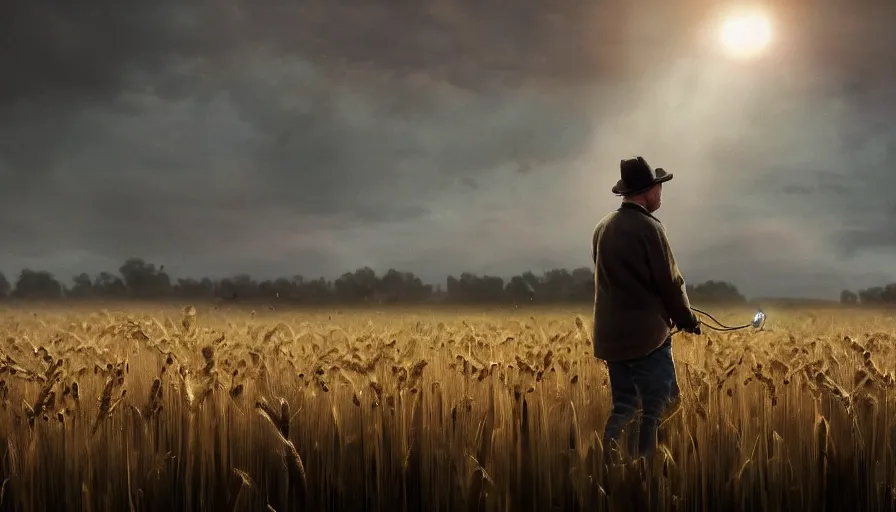 Prompt: A farmer standing on a field of barley, looking up the start with a handcrafted binoculars in a victorian style, james gurney, cinematic lighting, lots of steam and sparks, wires made of copper, artstation, vibrant nature, Tuomas Korpi, tekkon kinreet, volumetric light, artstation, , octane render, redshift render, low angle camera, rich deep moody colors