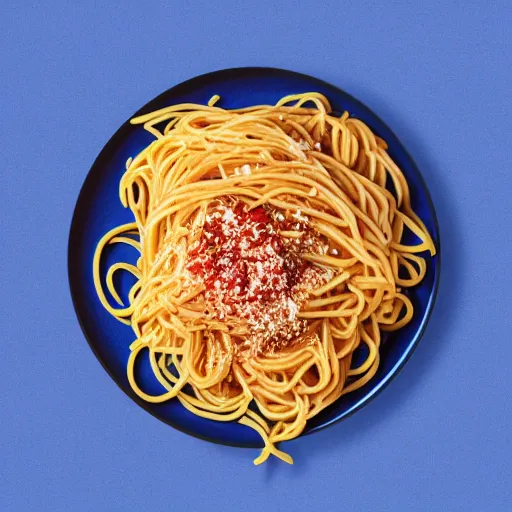 Image similar to highly detailed illustration of a plate of spaghetti on top of a blue and wooden table