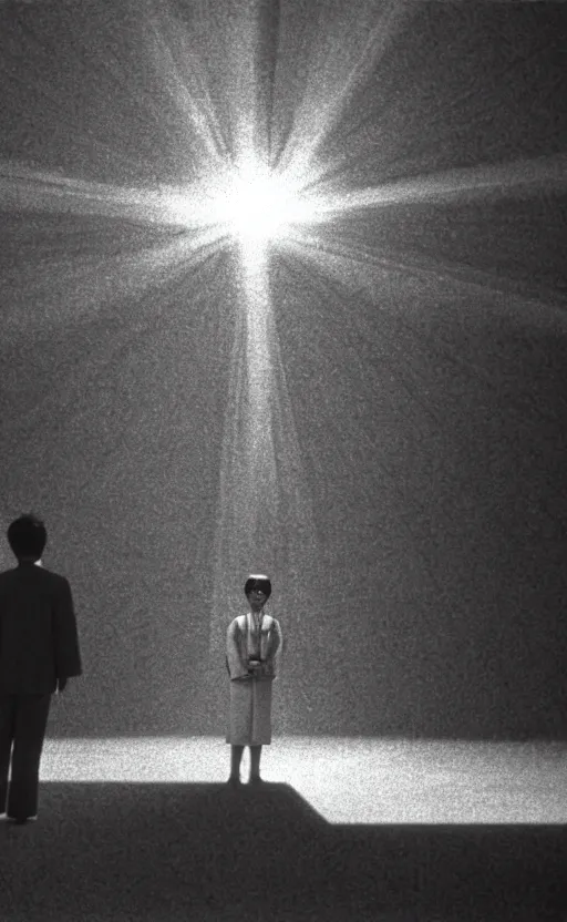 Image similar to light coming out of one starfish - like kaiju anthropomorphic monster, korean film noir by kim jong - il, korean traditional palace, pyongyang city, 1 9 6 0 s, red color bleed, 4 k, video compression, video glitch, monochrome, akira kurosawa, mamoru oshii, wes anderson, stanley kubrick