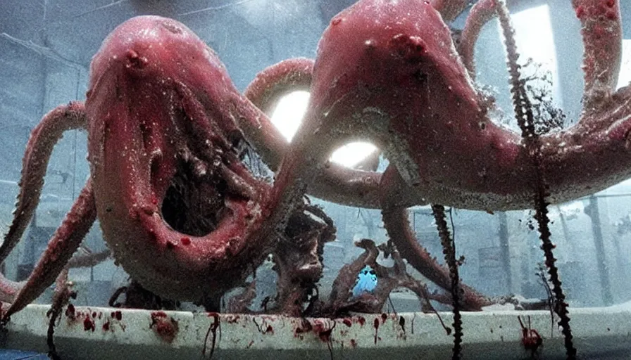 Image similar to Big budget horror movie set in an undersea biolab splattered with blood, where a giant squid attacks a cyborg