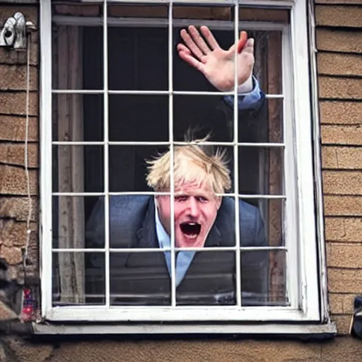 Image similar to a photo taken from the inside of an old house, showing window blinds being pulled back to reveal a terrifying boris johnson with his unhinged face pressed against the window and his bloody hands placed on the window, horrifying grin. horror, raining, night time, zoomed out