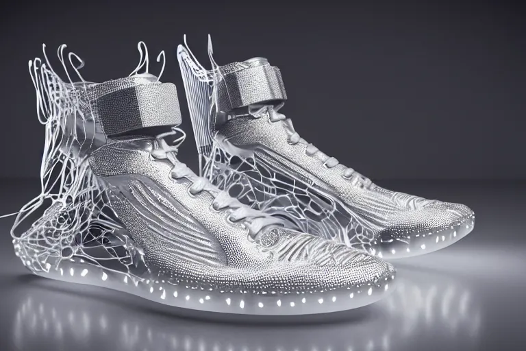 Image similar to one wire mesh hightop sneaker with neon illuminated soles on a white surface, clean 3 d render, beautiful studio lighting, soft, sharp focus, cyberpunk, intricate detail, gold filigree, art by iris van herpen and syd mead