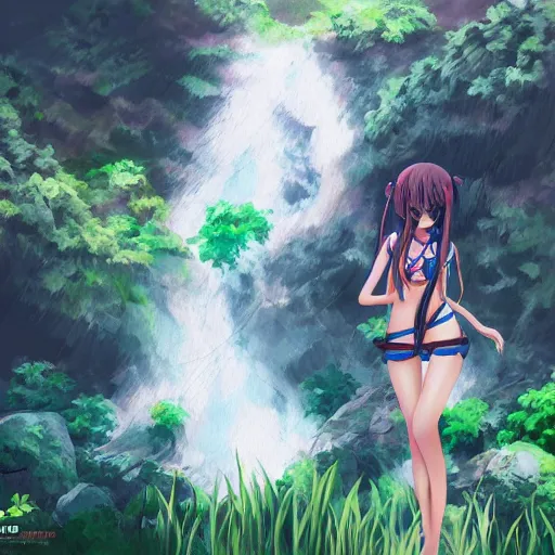 Image similar to Anime girl, anime jungle environment, overlooking a waterfall, minimal, sketch, rough draft