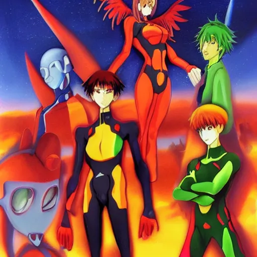 Prompt: an oil painting of the angels of the anime series neon genesis evangelion