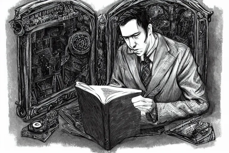 Prompt: “ a extremely detailed stunning portraits of hp lovecraft reading necronomicon by allen william on artstation ”