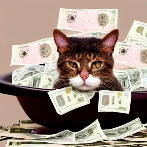 Prompt: brown floppa cat laying on stacks of money in bathtub