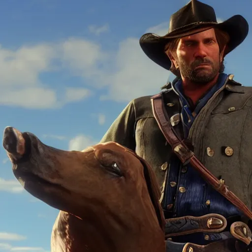 Image similar to A still of Arthur Morgan from Red Dead Redemption 2 in The Legend of Zelda: Breath of the Wild