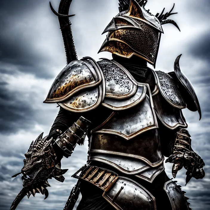 Image similar to photo of a warrior with metal dragon themed armour and helmet, highly detailed, 4 k, hdr, smooth, sharp focus, high resolution, award - winning photo