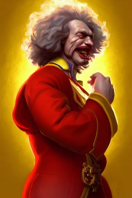 Image similar to / vladimir putin as ronald mcdonald, closeup, d & d, fantasy, intricate, elegant, highly detailed, digital painting, artstation, concept art, matte, sharp focus, illustration, hearthstone, art by artgerm and greg rutkowski and alphonse mucha