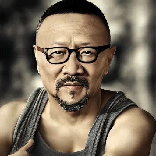 Prompt: a photorealistc digital art of jiang wen shows his musscle, award winning photography, trending on artstation