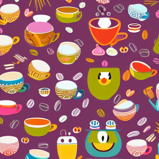 Image similar to colorful happy japanese illustration of smiling coffee cups surrounded by beautiful nature and patterns, 4 k, high detail