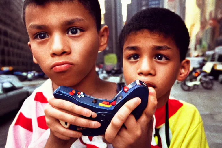 Image similar to closeup potrait of a boy carrying a nintendo 64 in 1996 new york , photograph, natural light, sharp, detailed face, magazine, press, photo, Steve McCurry, David Lazar, Canon, Nikon, focus