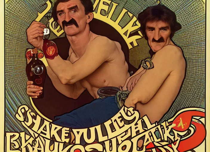 Prompt: barry chuckle drinking a bottle of snake oil, snake oil advertisement from 1 9 8 8, artwork by alphonse mucha and richard corben, 3 d, high resolution 8 k