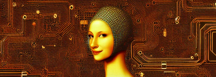 Image similar to anthropomorphic cute 3 d female accompanying artificial intelligence abstraction blueprint on background, leonard da vinci style