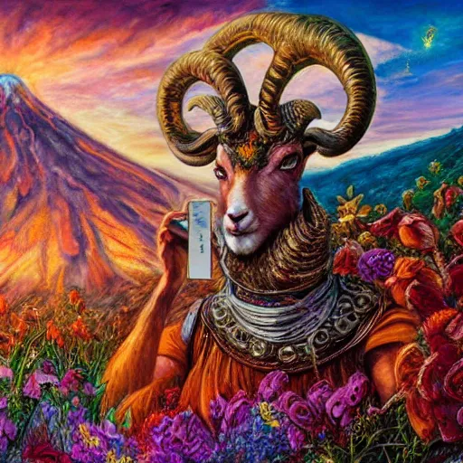 Image similar to painting by senior concept artist josephine wall, horned ram goddess checking her cell phone, erupting volcano and sunset in distance in background, flowers in foreground, zodiac, fantasy, acrylic on canvas, intricately detailed, highly detailed, high resolution, hd, hdr, 8 k, trending on artstation,