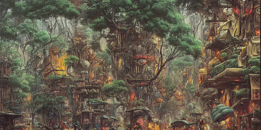 Prompt: monsoon rain on a busy jungle street by dan seagrave art and Moebius