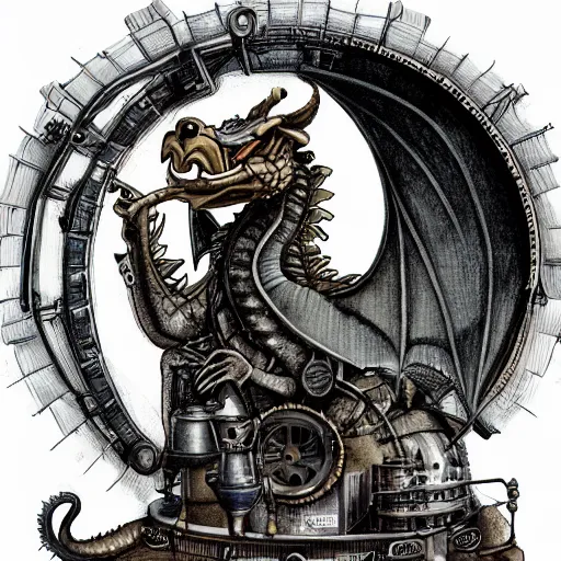 Image similar to a dragon with steam punk machine on it's side, book illustration