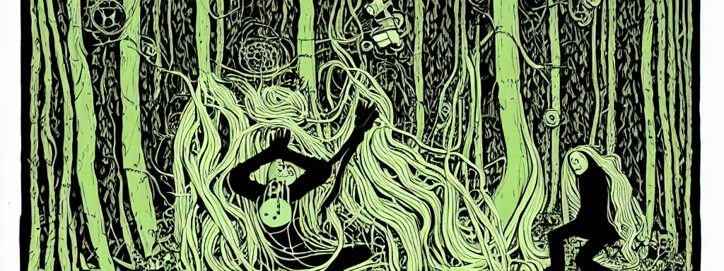 Image similar to a grunge technogaianist long-haired blonde digital musician playing modular synthesizer in the forest, technology and nature swirling in harmony, plugging vines into the synthesizer, trees swaying to the beat, postmodern surrealist concert poster, grainy poster art, hand drawn matte painting by Tara McPherson and Gary Houston, smooth, sharp focus, extremely detailed, 35mm.